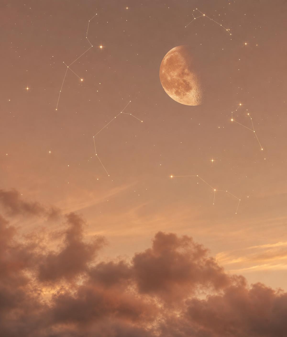 Stjernehimmel med måne og stjernebilleder i varme sandfarver